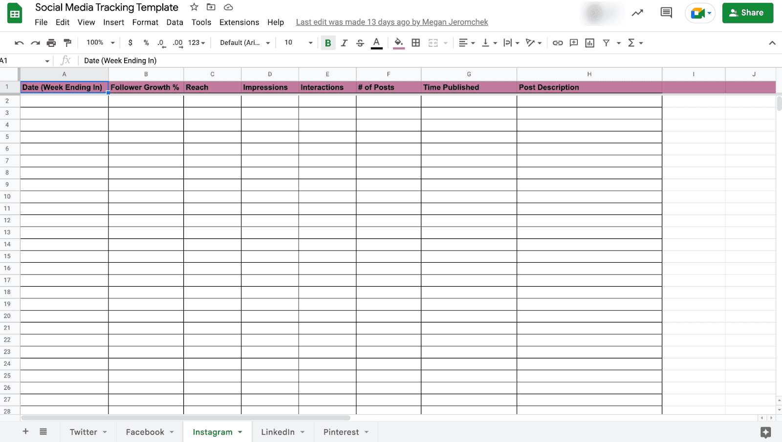 Social media tracking Google Sheet