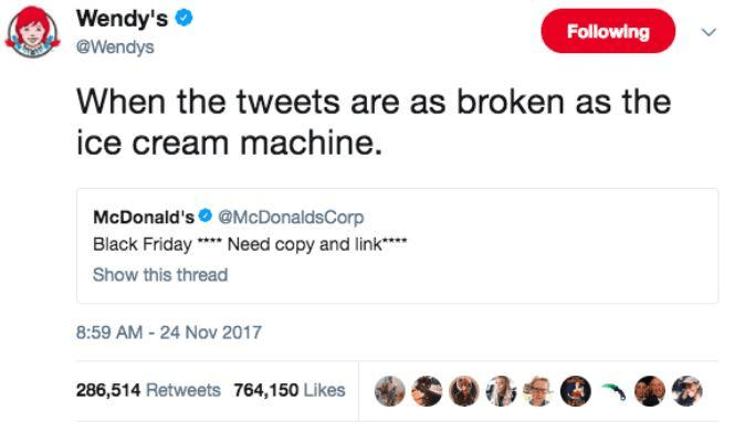 Wendy's tweet "When the tweets are as broken as the ice cream machine"