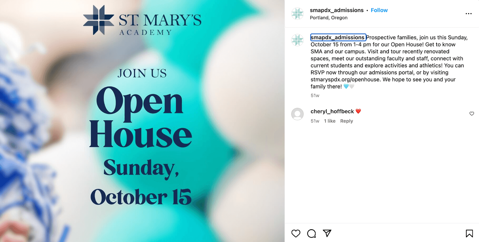 School Marketing Plan Example: St. Mary’s Academy: Instagram post