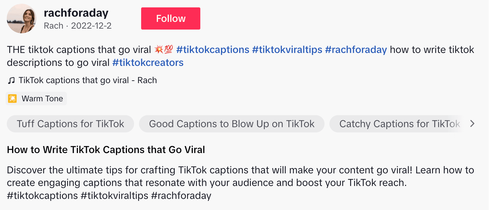 TikTok Caption Ideas: increasing virality with @rachforaday