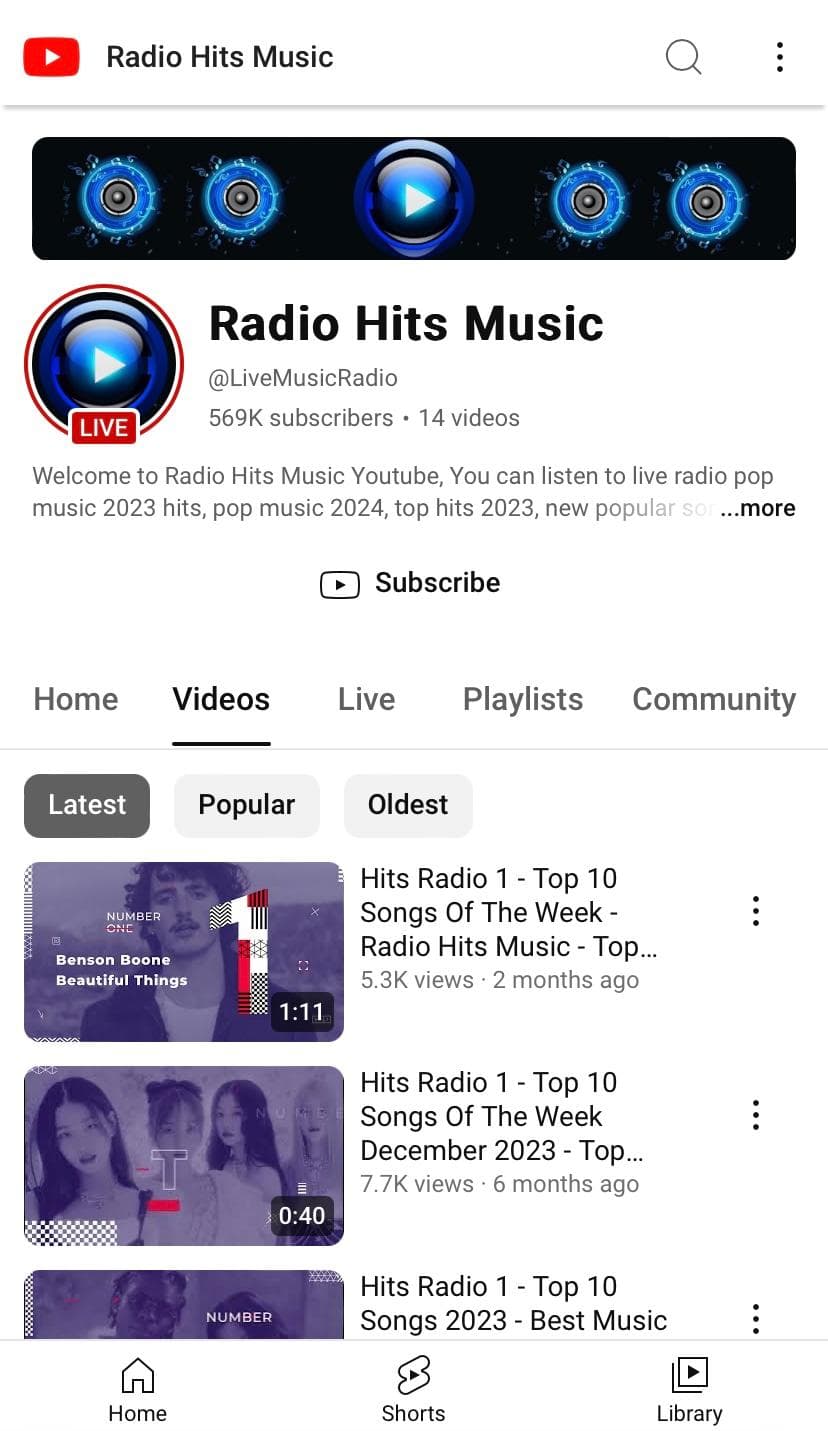 Radio Hits Music YouTube homepage