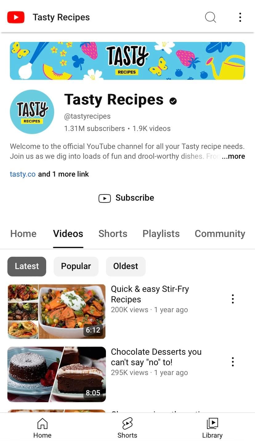 Tasty Recipes YouTube homepage