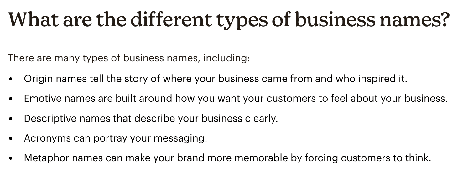 Ddifferent types of business names