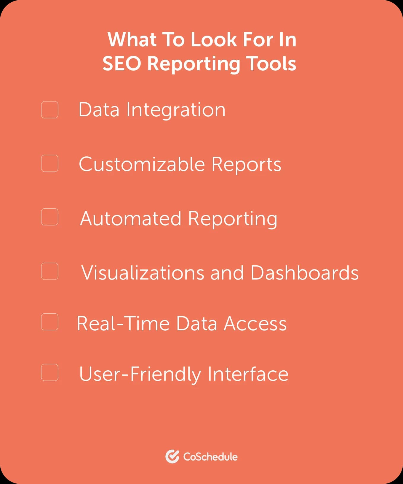 Graphic showing what to look for in SEO reporting tools.