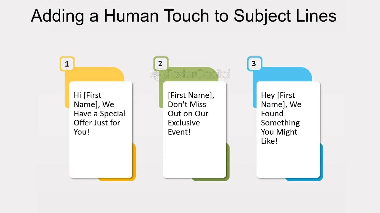 Graphic showing three examples of adding a human touch to a subject line.