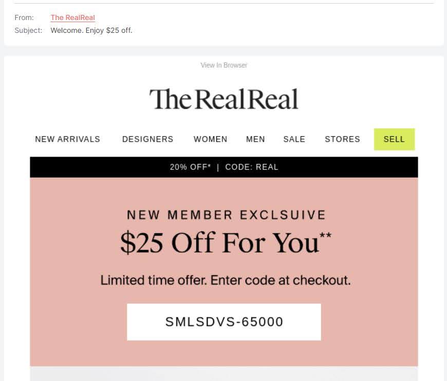 Email and subject line highlighting an exclusive offer from TheRealReal.