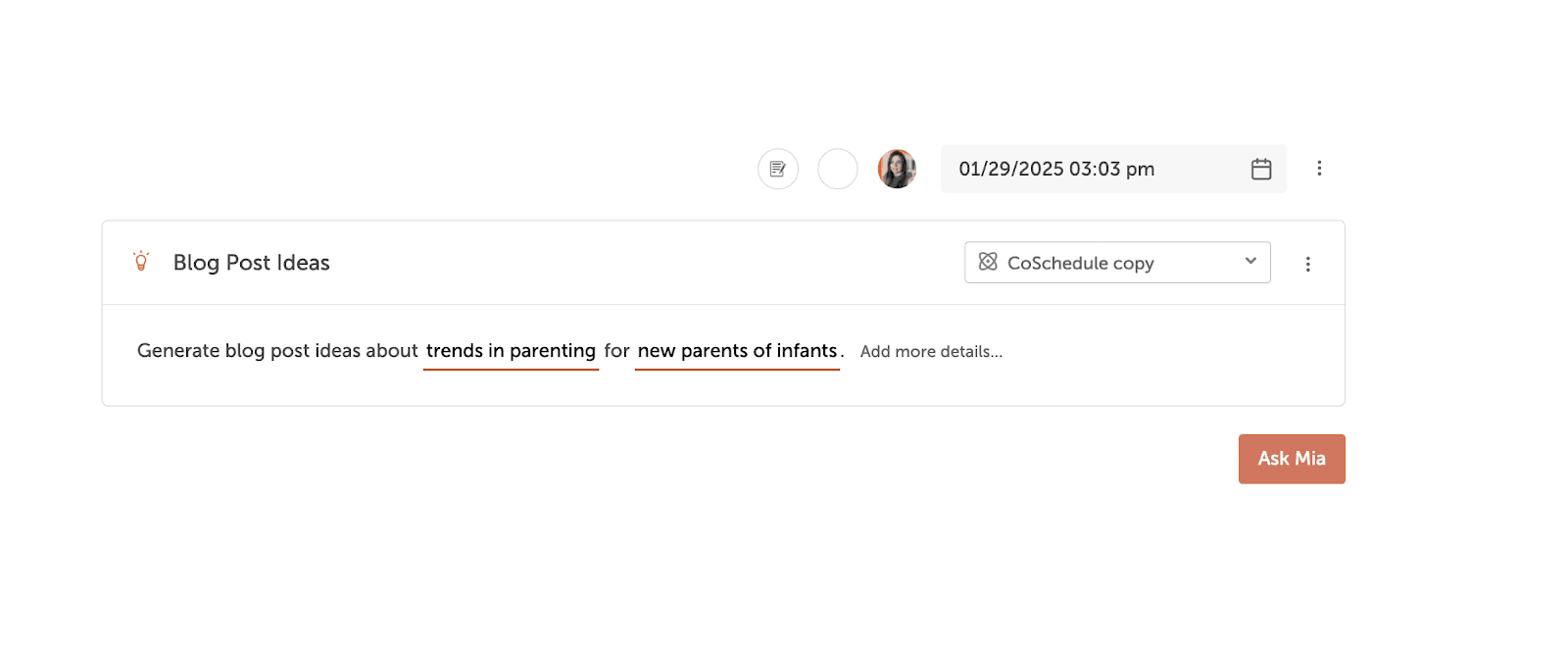 “Ask Mia” to start generating ideas in AI Content Calendar