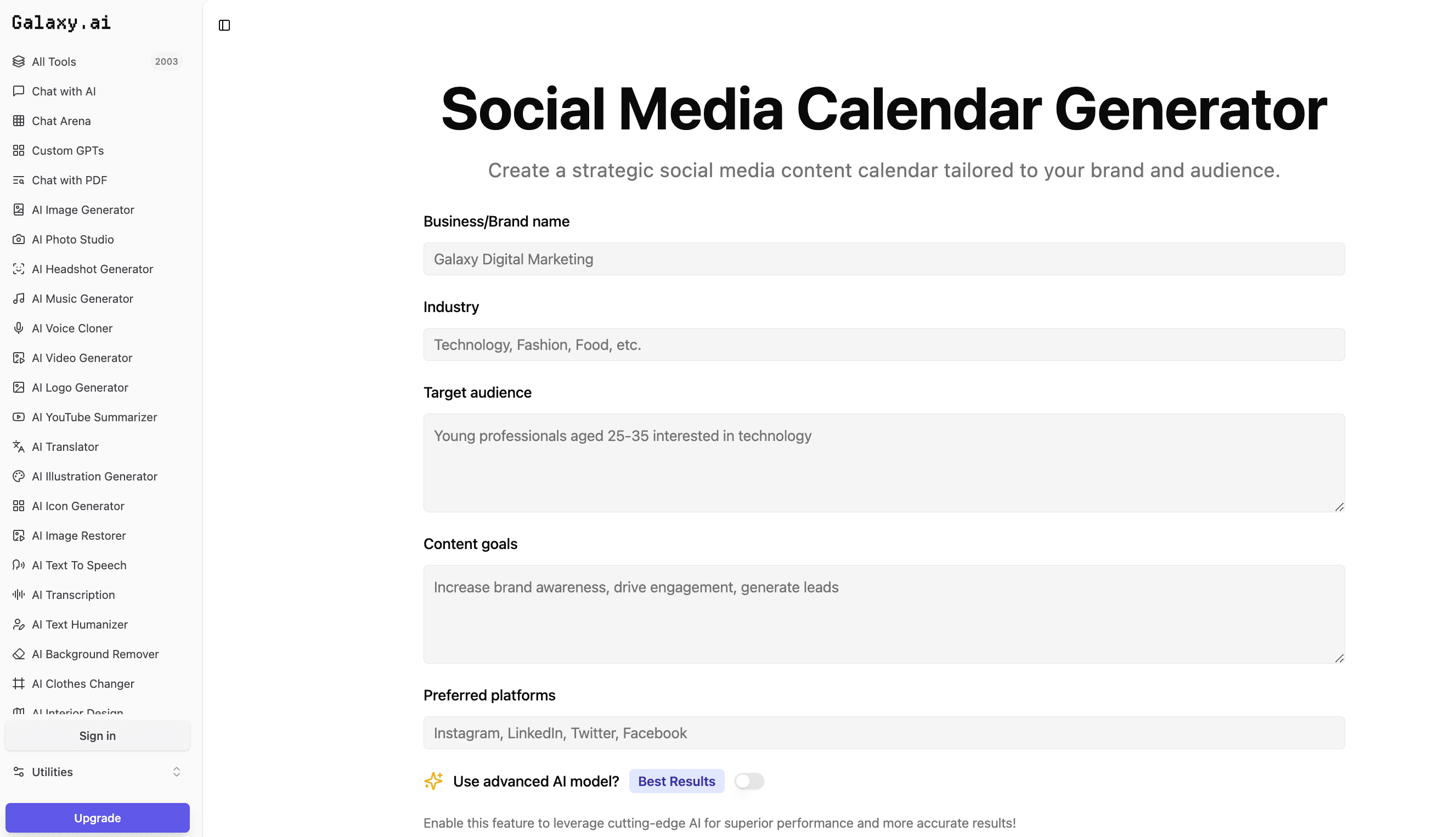 Galaxy.AI Content Calendar Generator