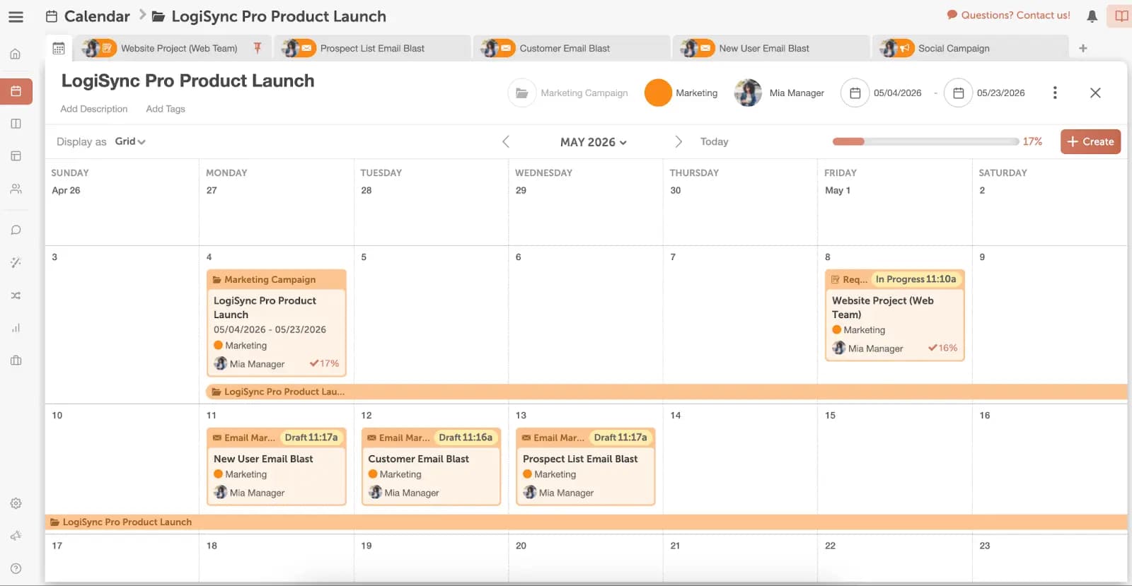 CoSchedule calendar planning for the LogiSync Pro Product Launch.