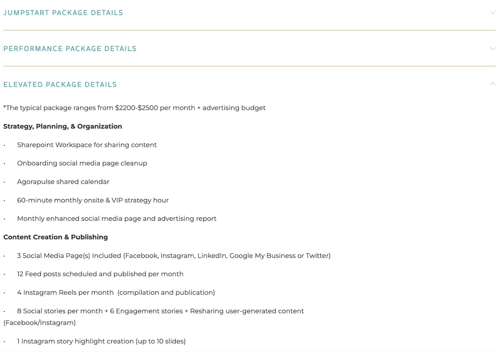 Elevate Marketing Co package details.