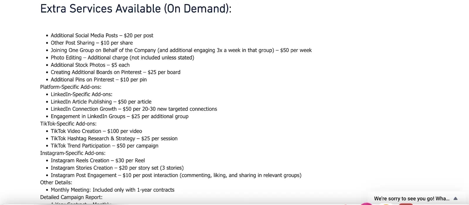 Shellys Social Media services on demand list.