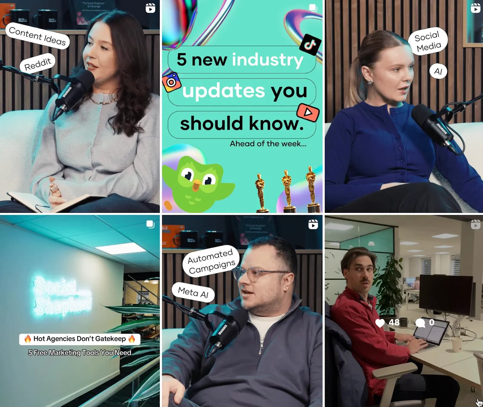 Six Instagram Reels posts related to social media and marketing.