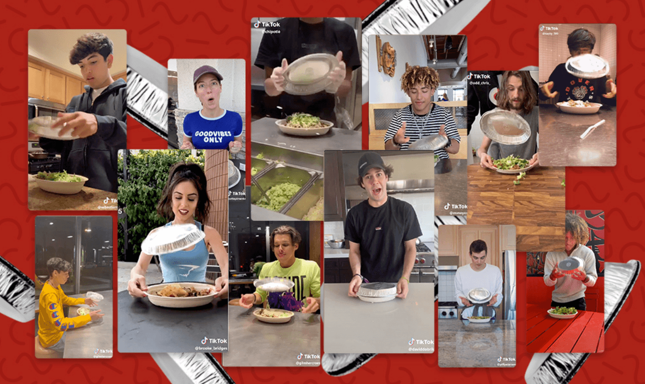 Chipotle flip the lid TikTok challenge collage.