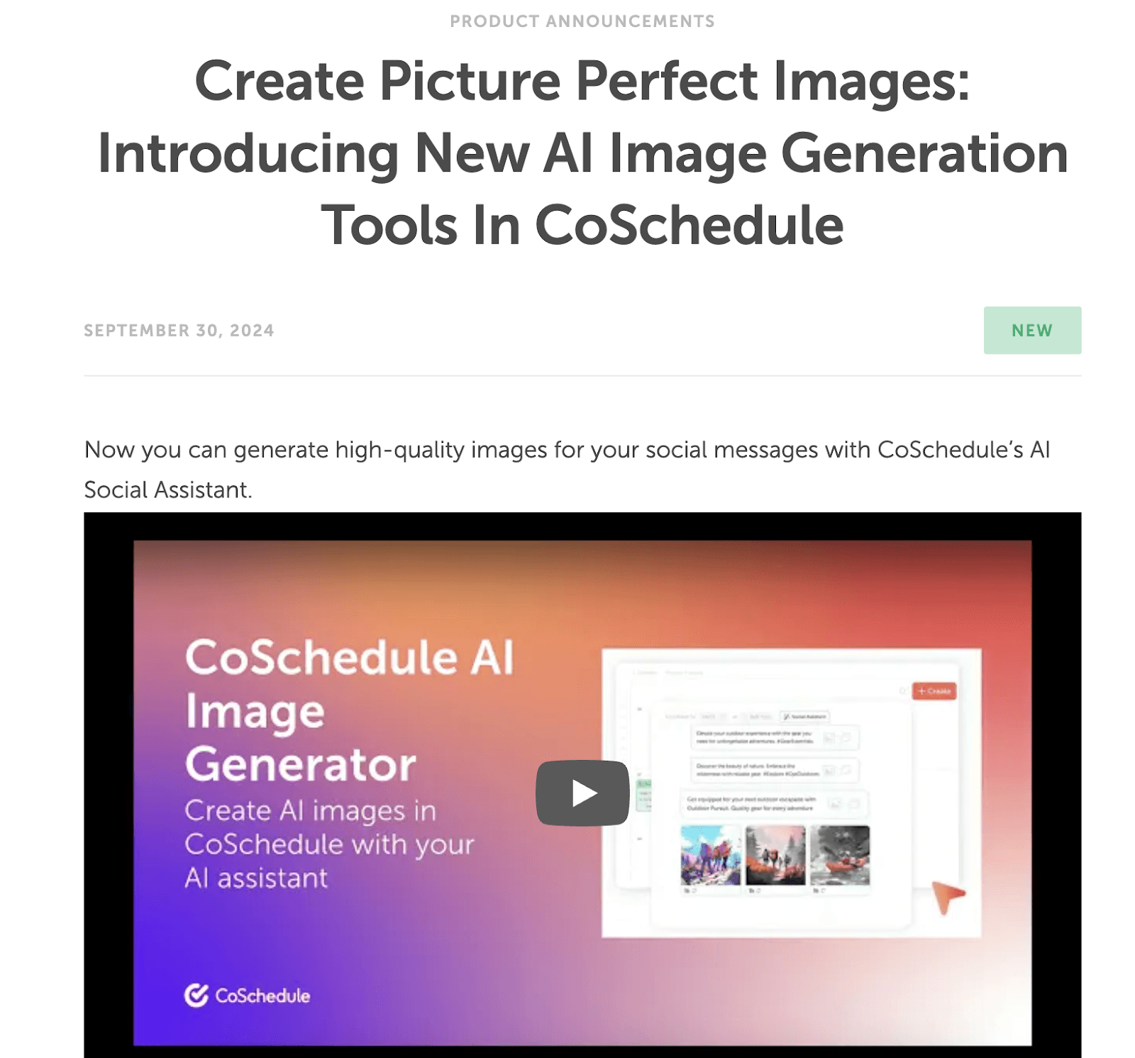 CoSchedule press release on new ai image generation feature.