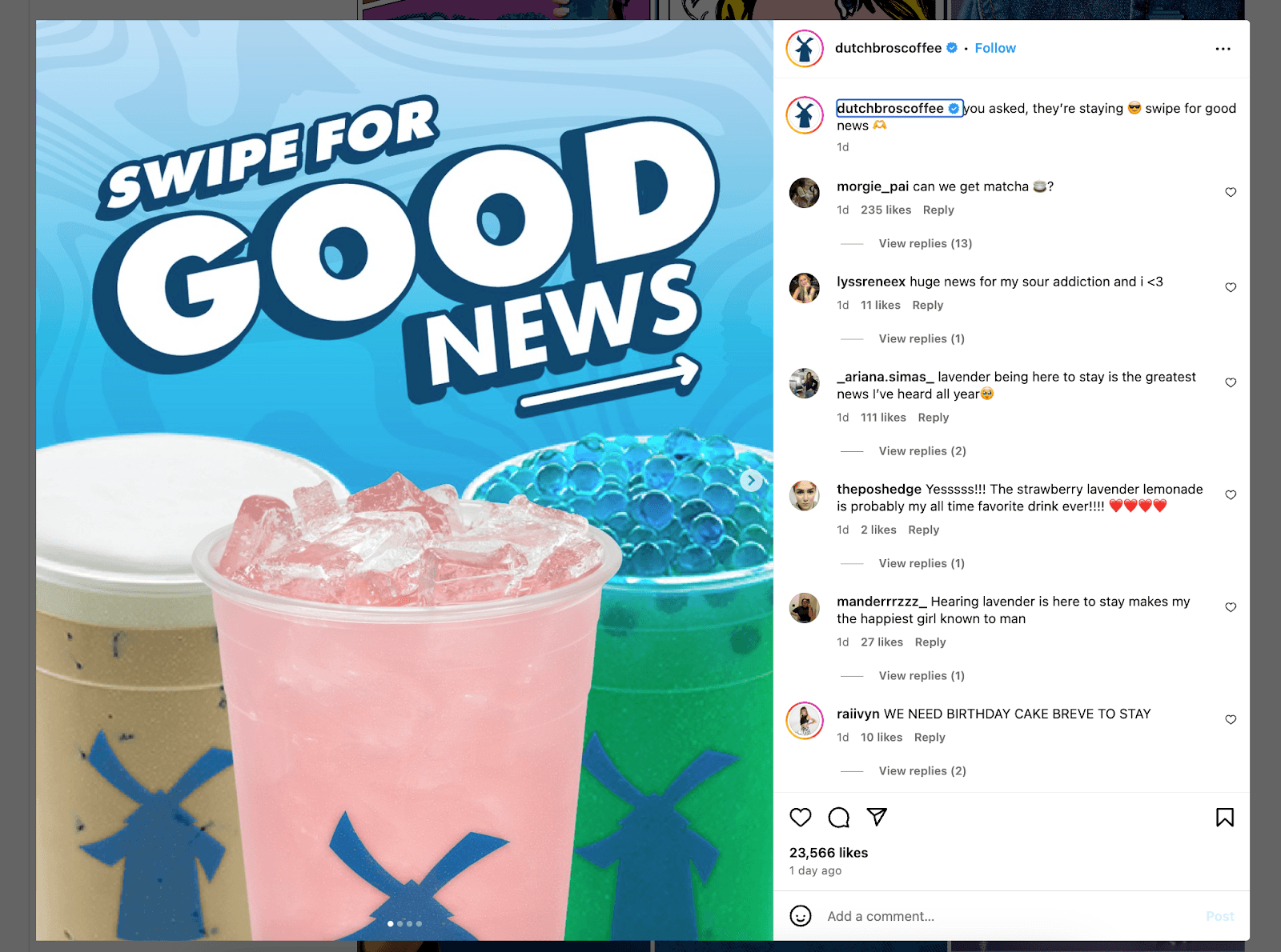 Dutch Bros instagram ad to swipe for good news.