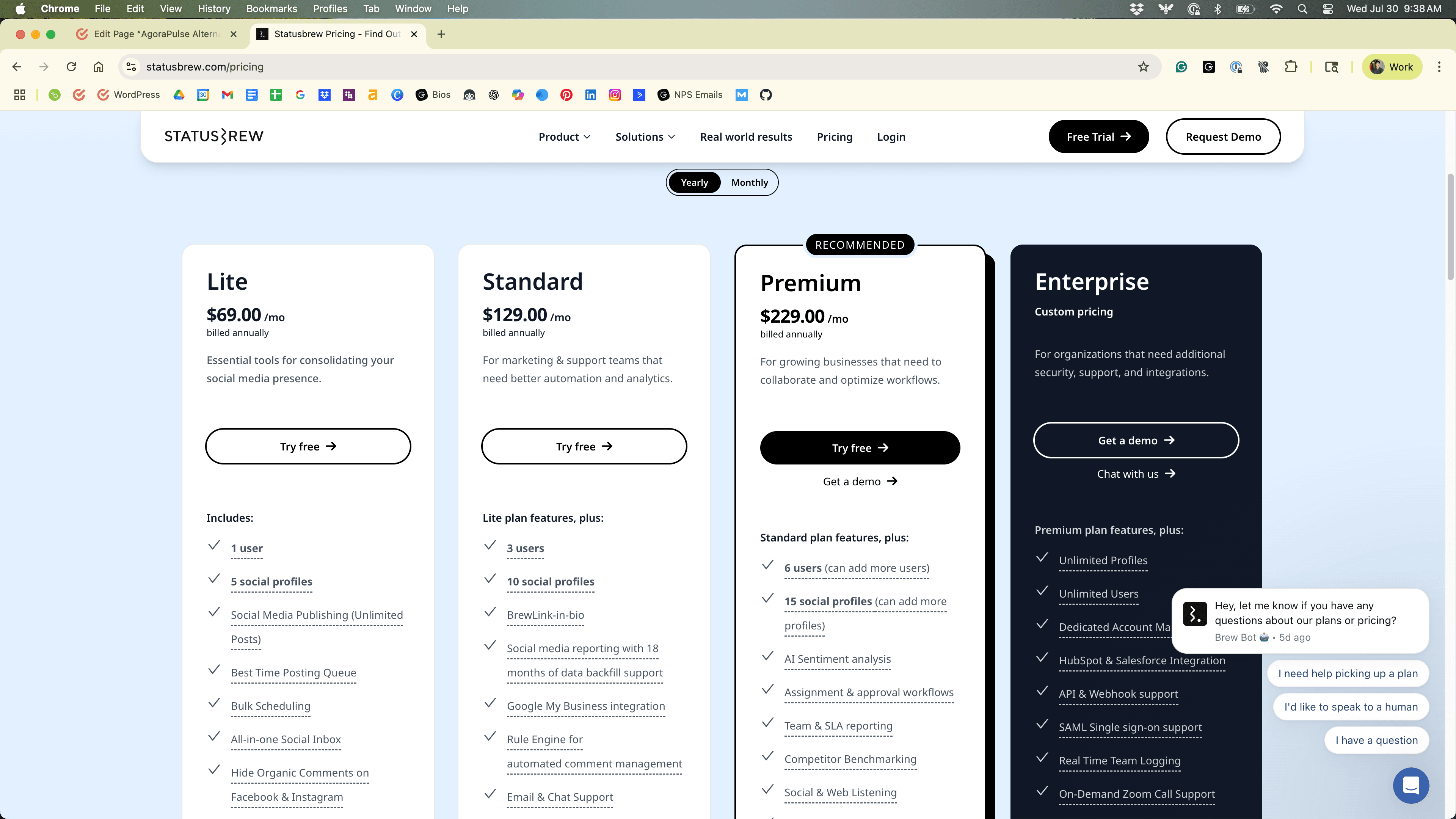 Status Brew pricing page.