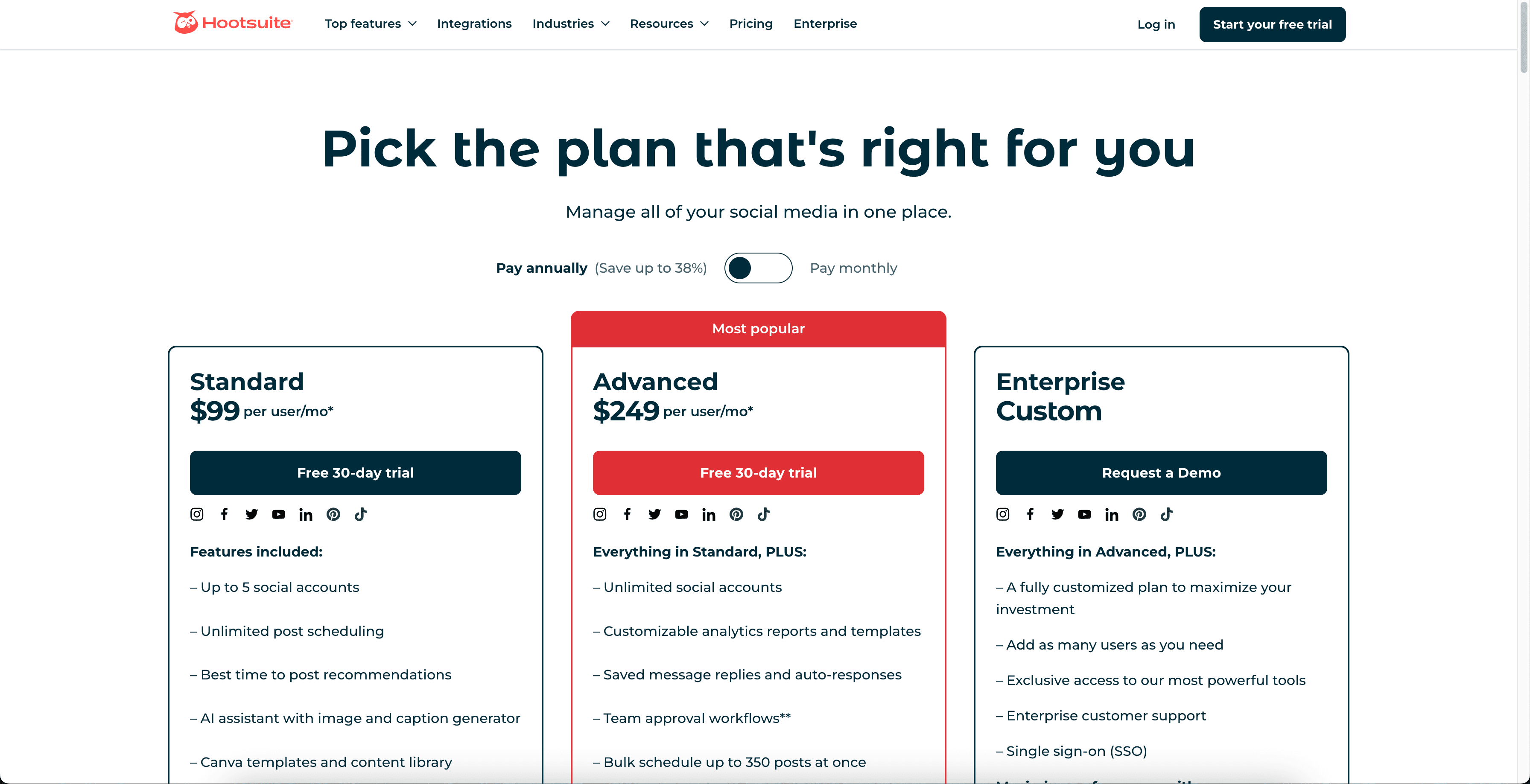 Hootsuite pricing page.