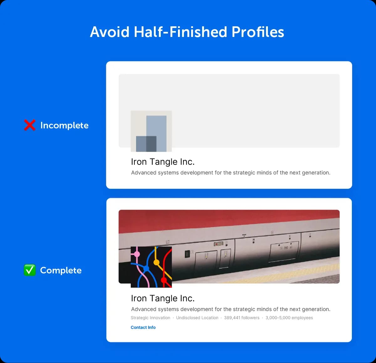 Graphic of a finished and unfinished LinkedIn profile.
