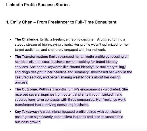 Emily Chen LinkedIn Profile success story.