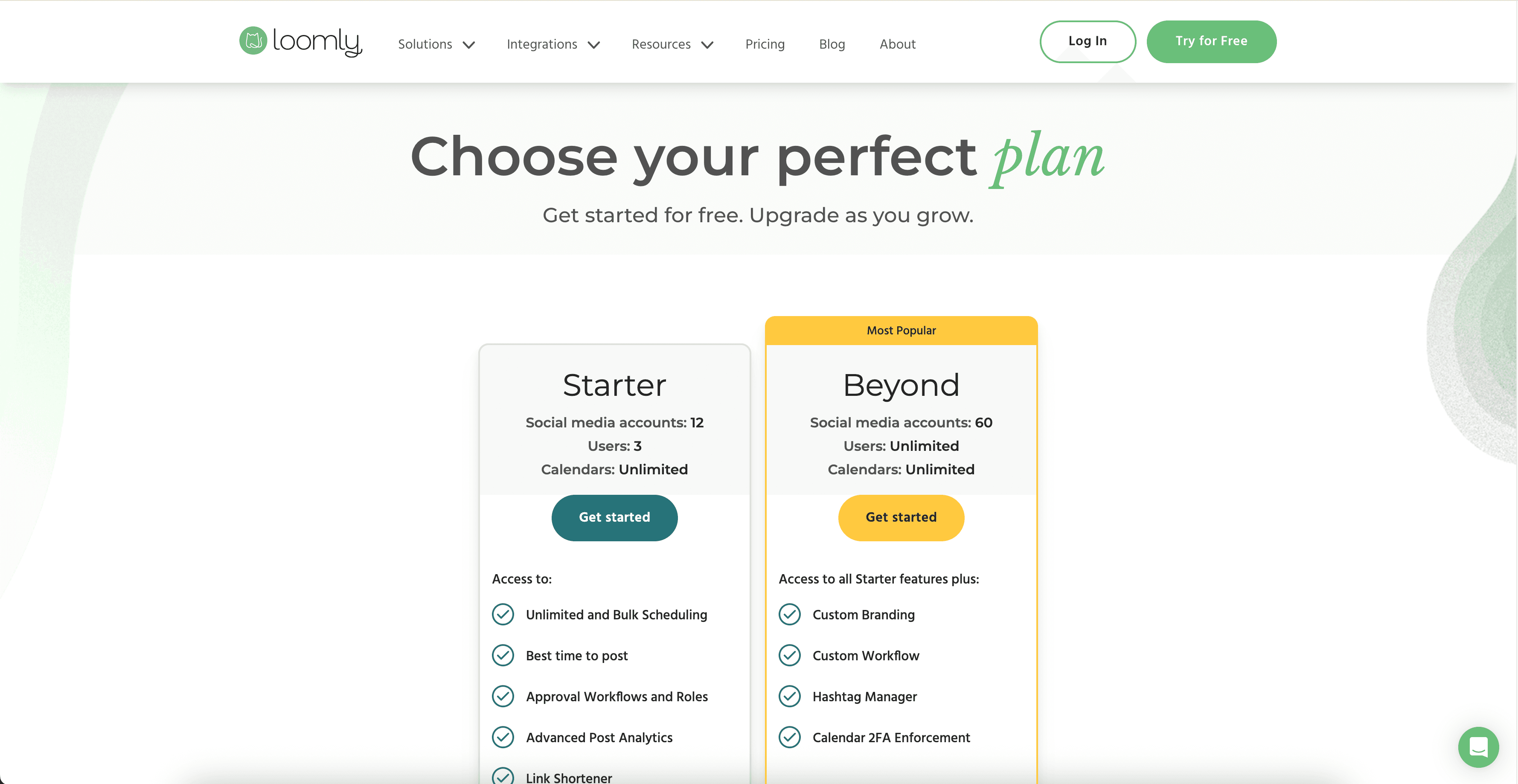 Loomly pricing page.