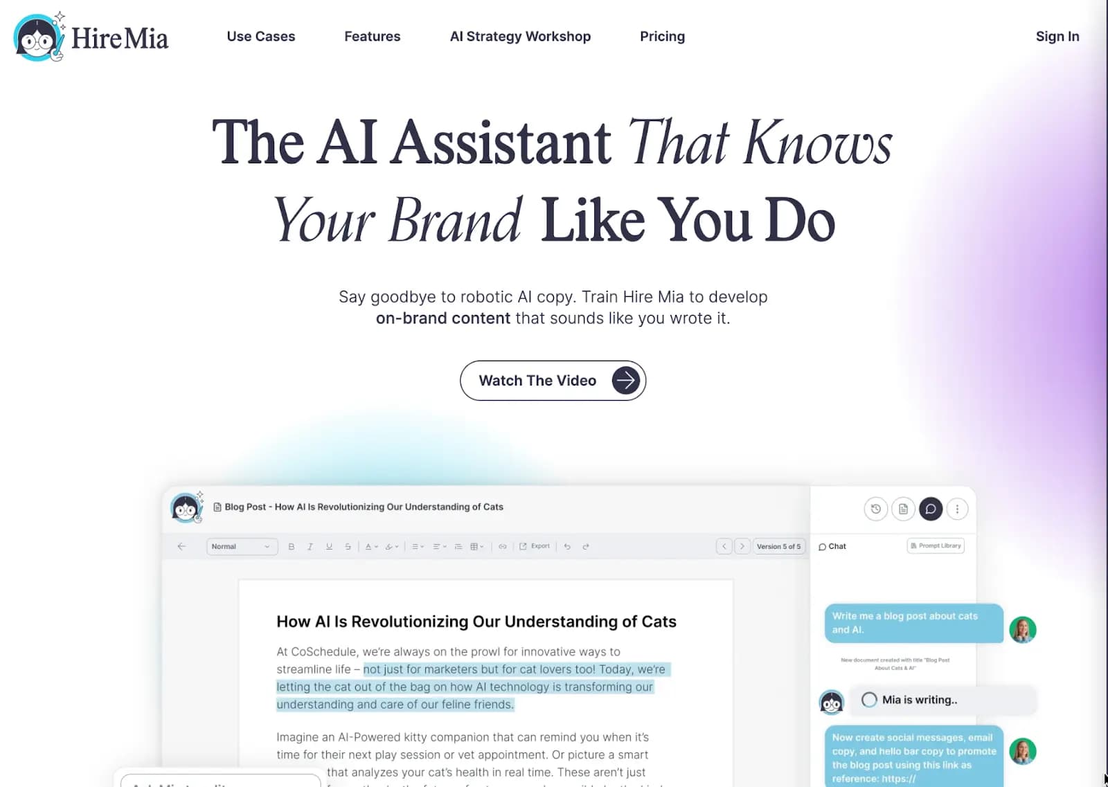 CoSchedule's Hire Mia homepage.