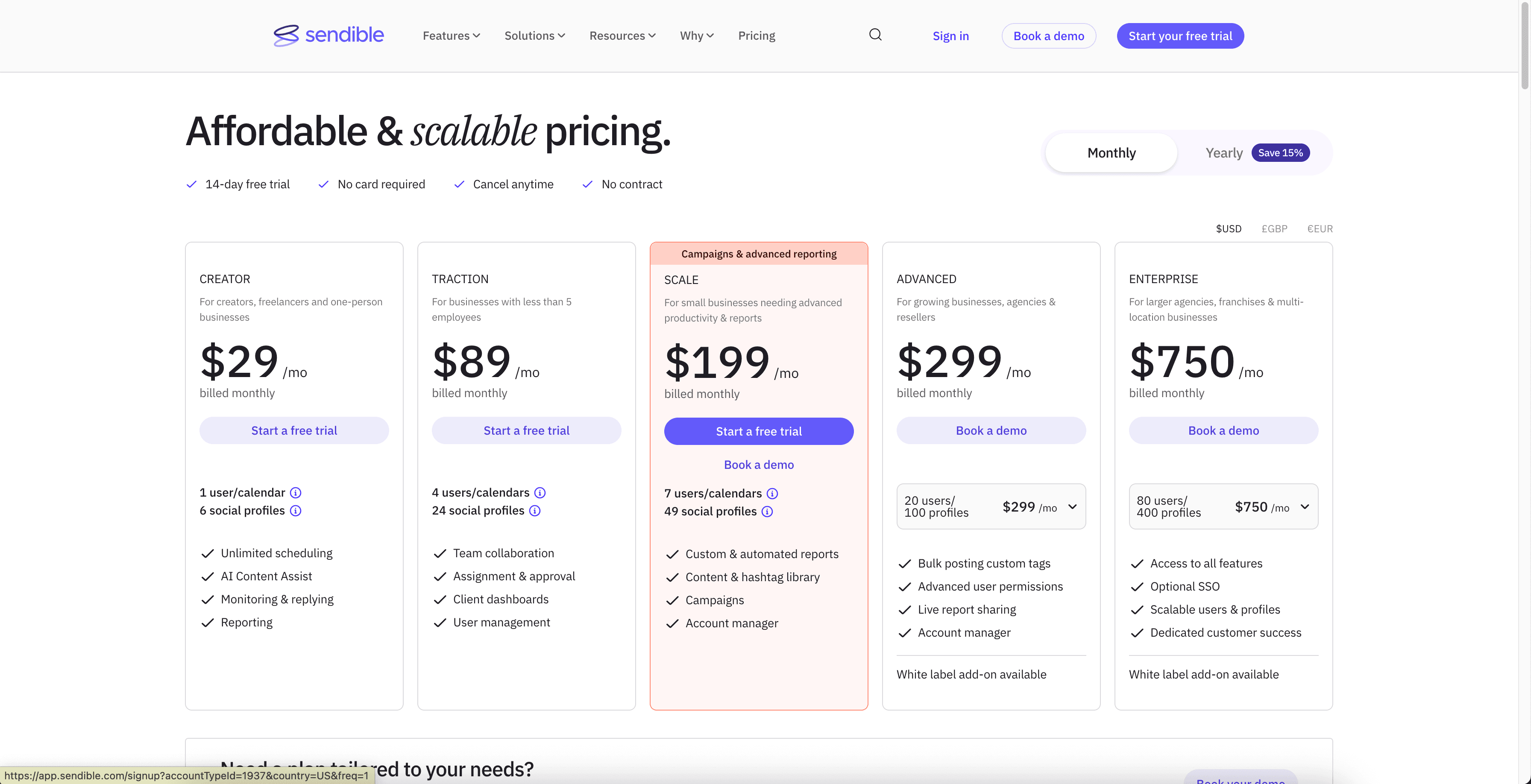 Sendible pricing page.