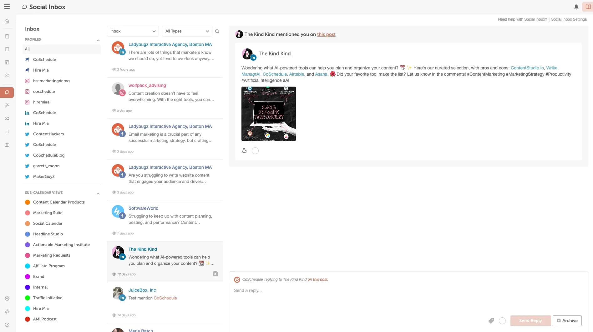 CoSchedule social inbox overview.