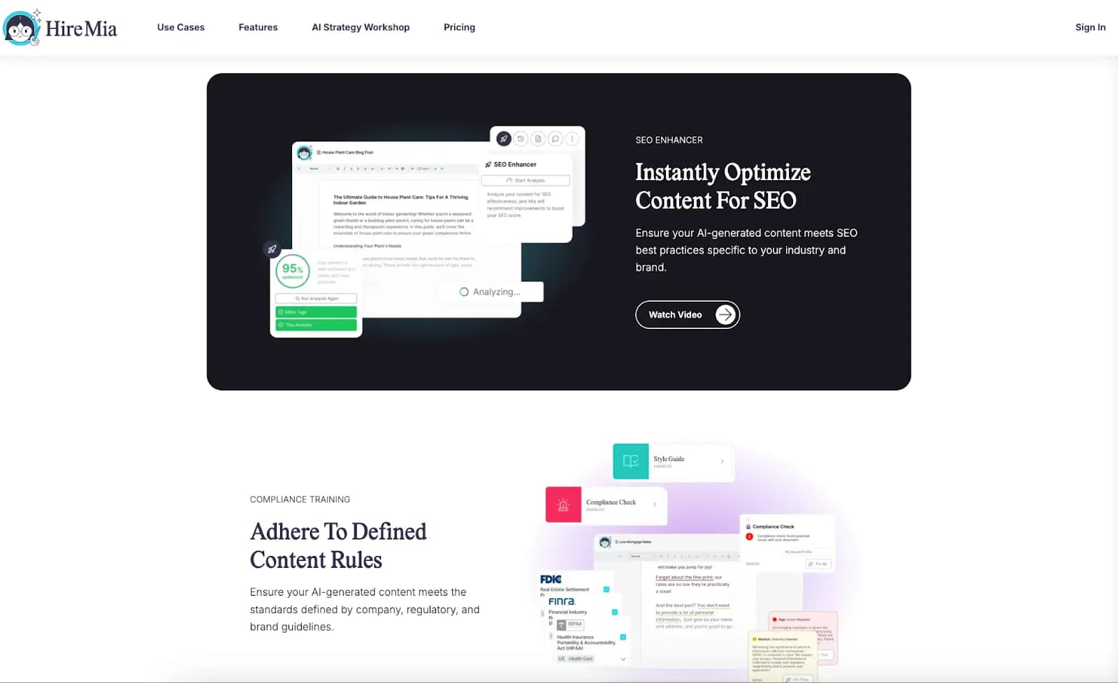 Hire Mia homepage.