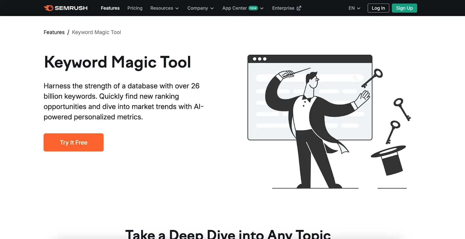 Semrush Keyword Magic Tool homepage.