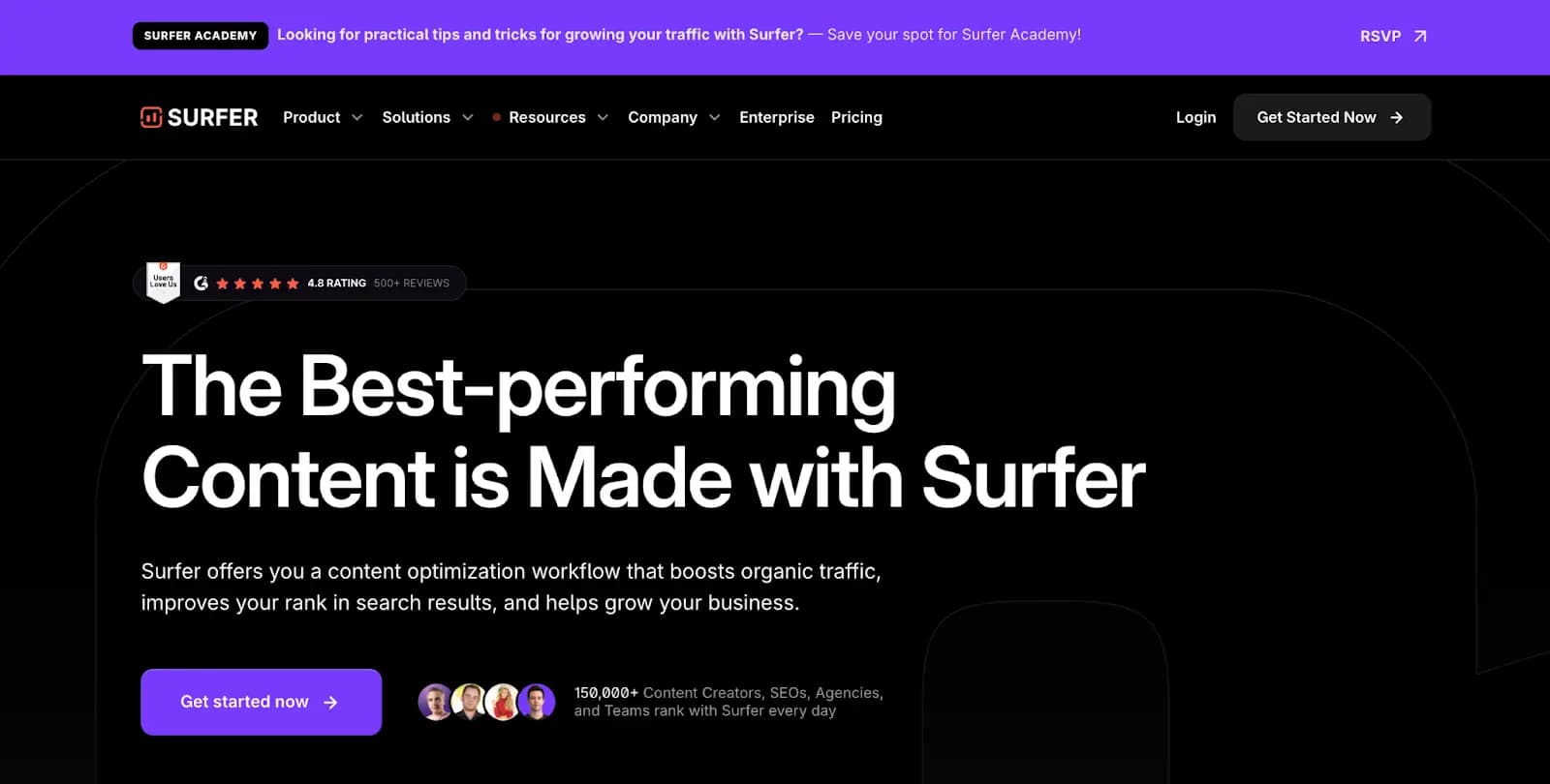 SurferSEO homepage.