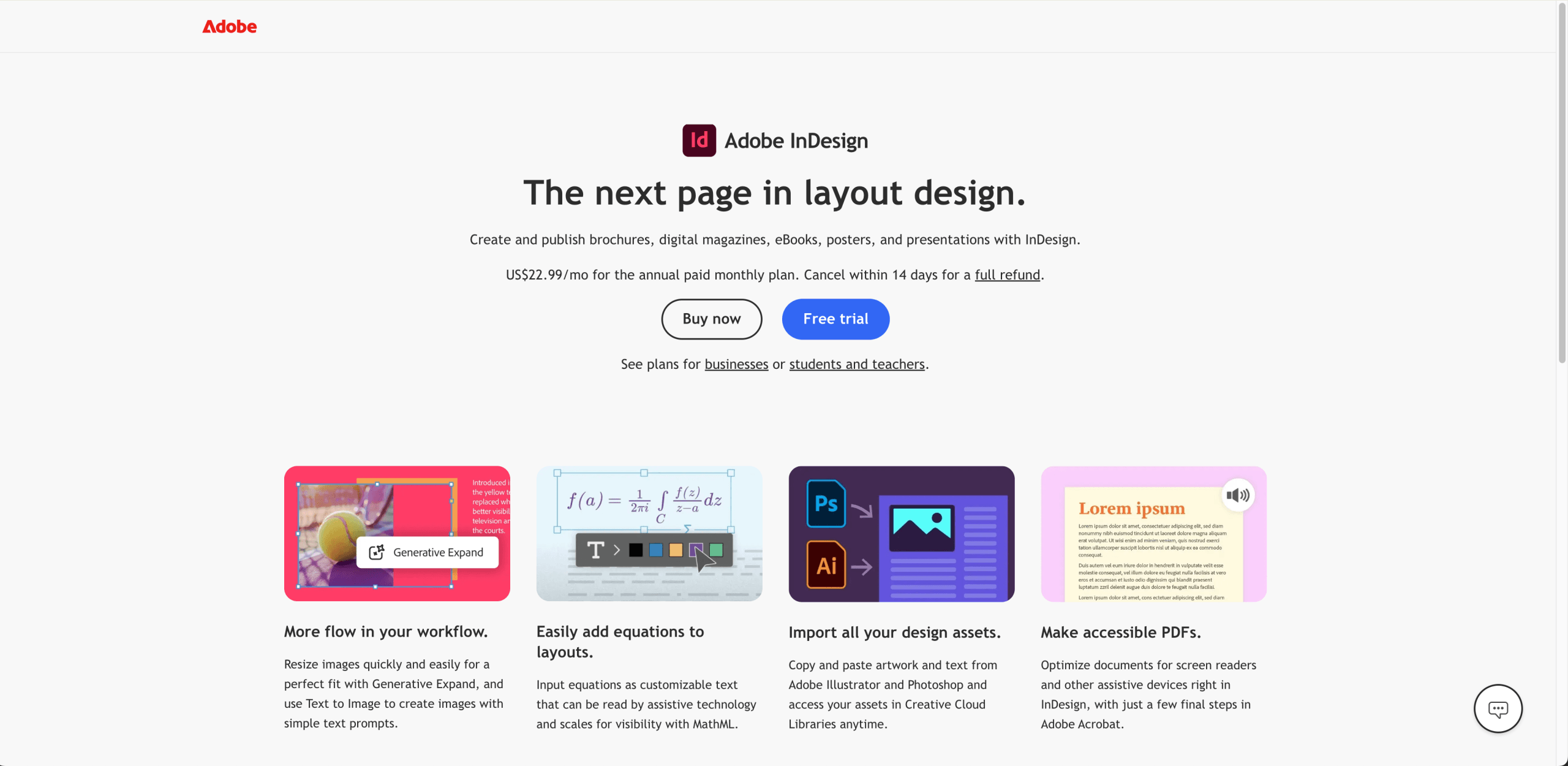 Adobe InDesign pricing page.