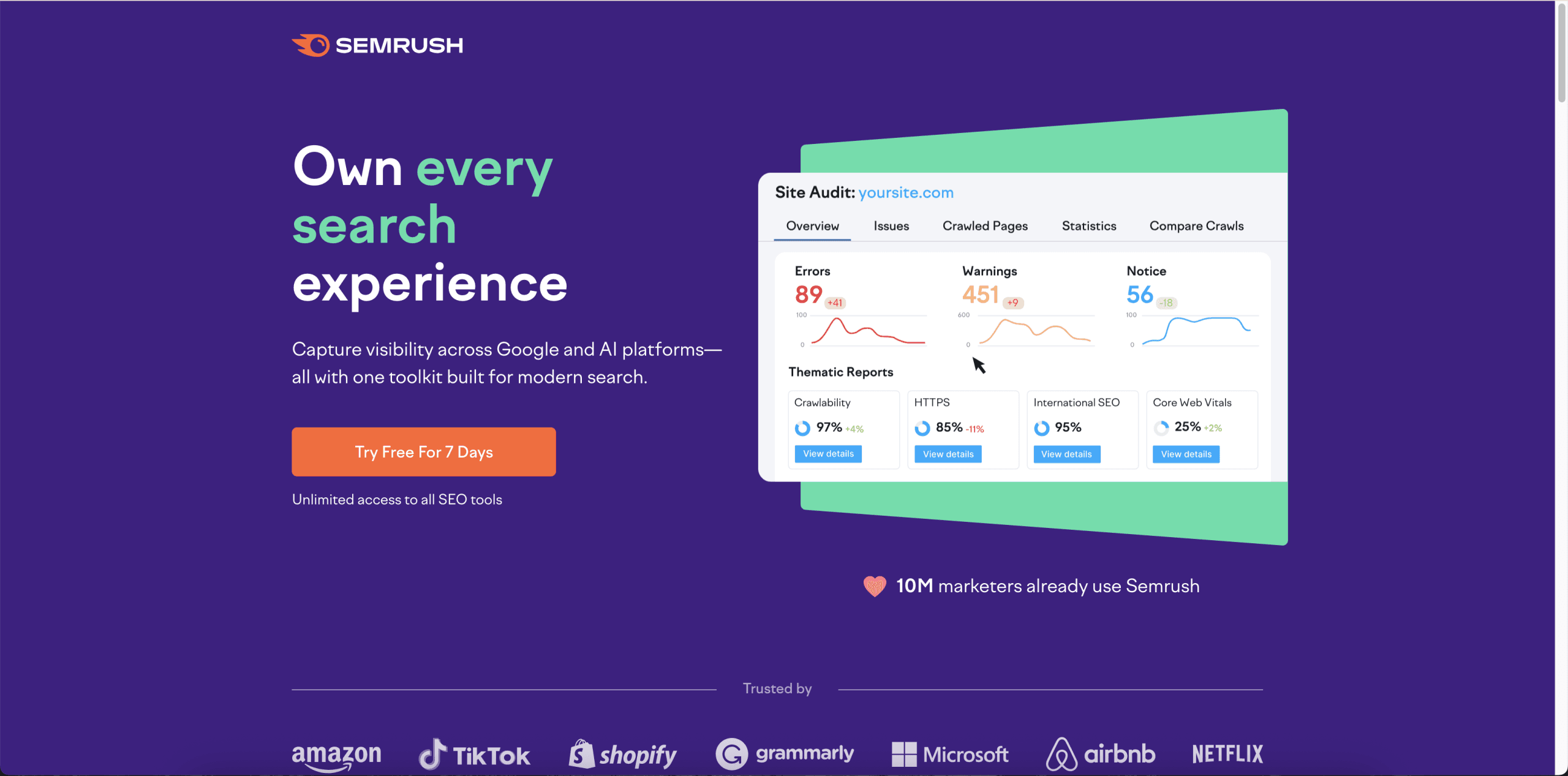 SemRush homepage.