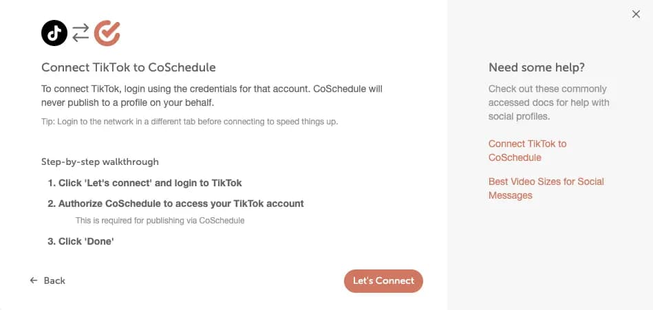 How to connect TikTok to CoSchedule help page.