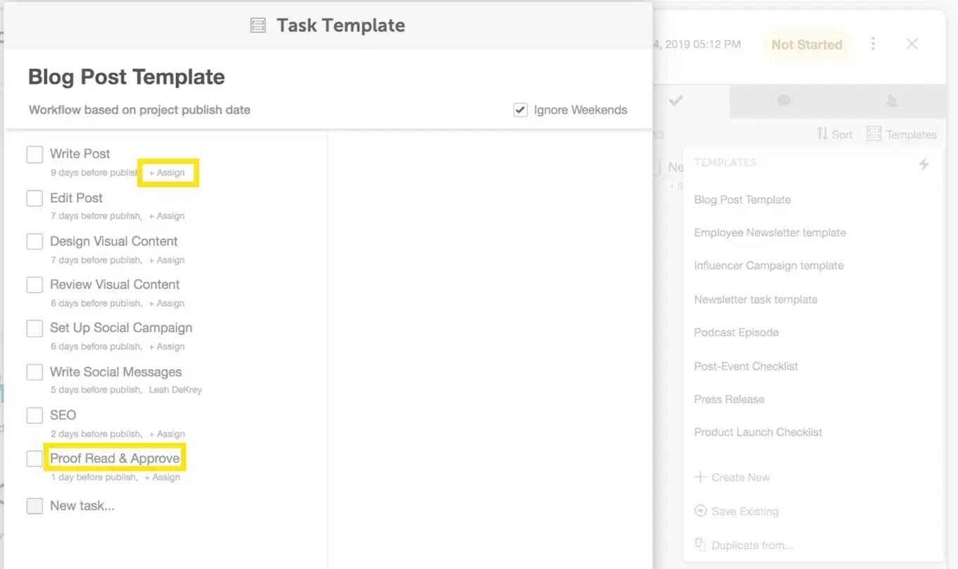 CoSchedule Calendar blog post task template.