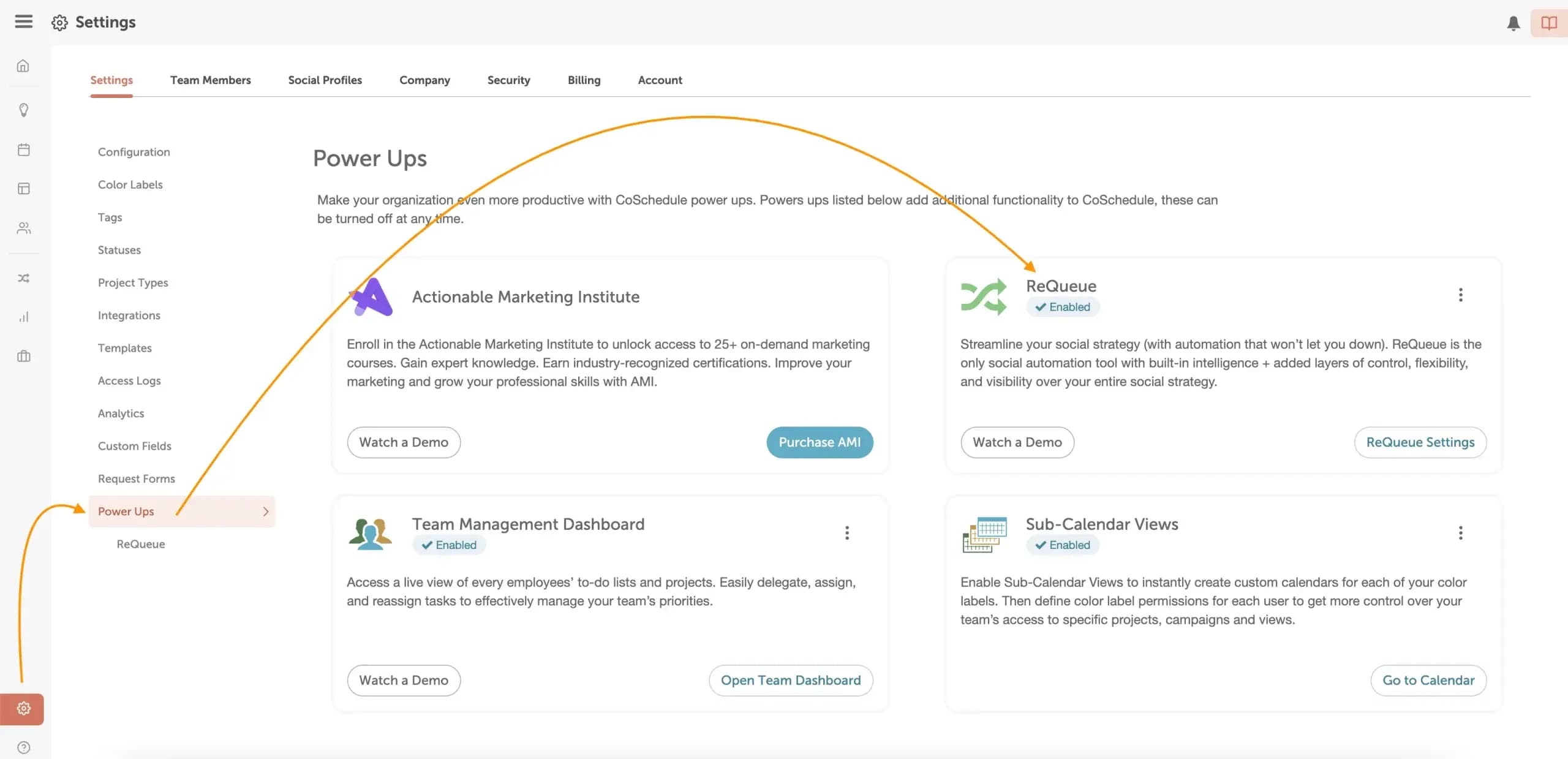 CoSchedule Calendar ReQueue Power Up settings page.
