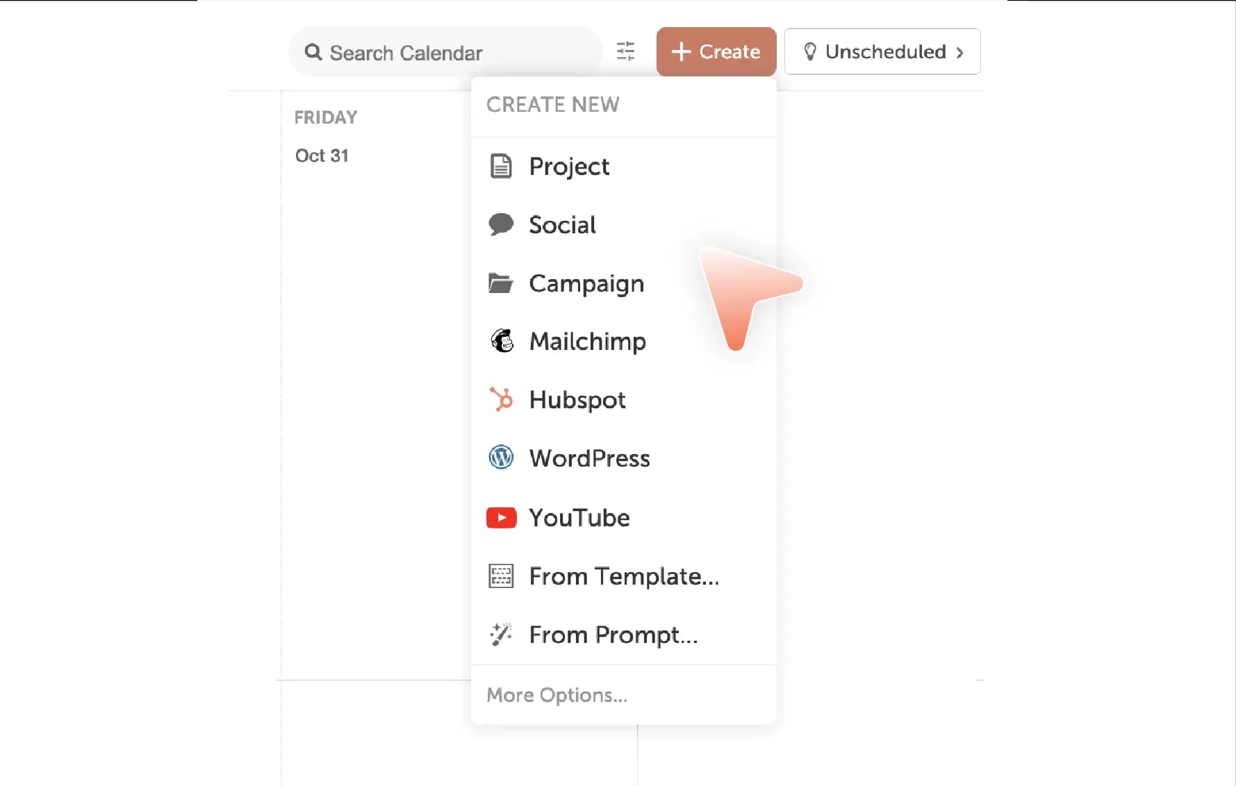 CoSchedule's project creation dropdown.