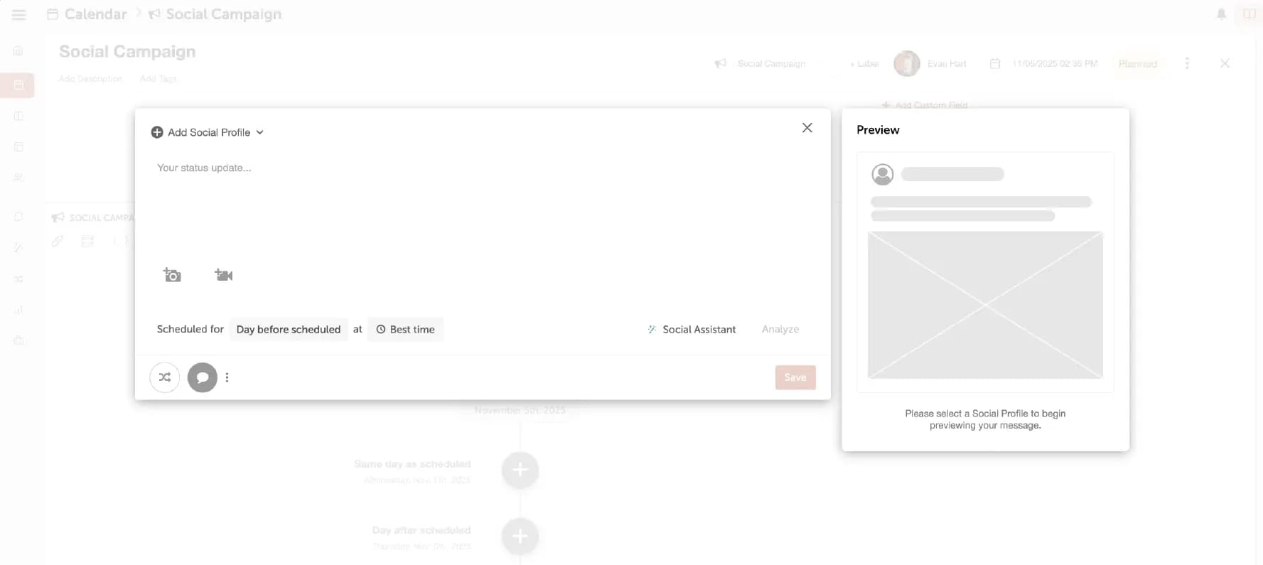 CoSchedule's blank social message creation center.