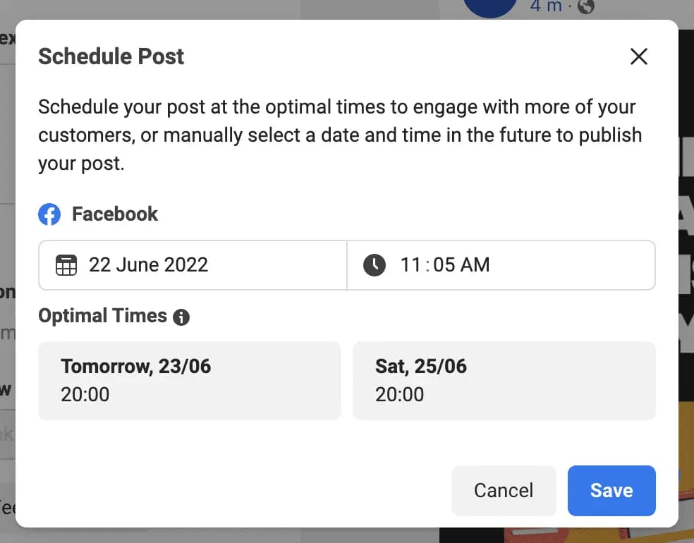 Meta Business Suite schedule post page.