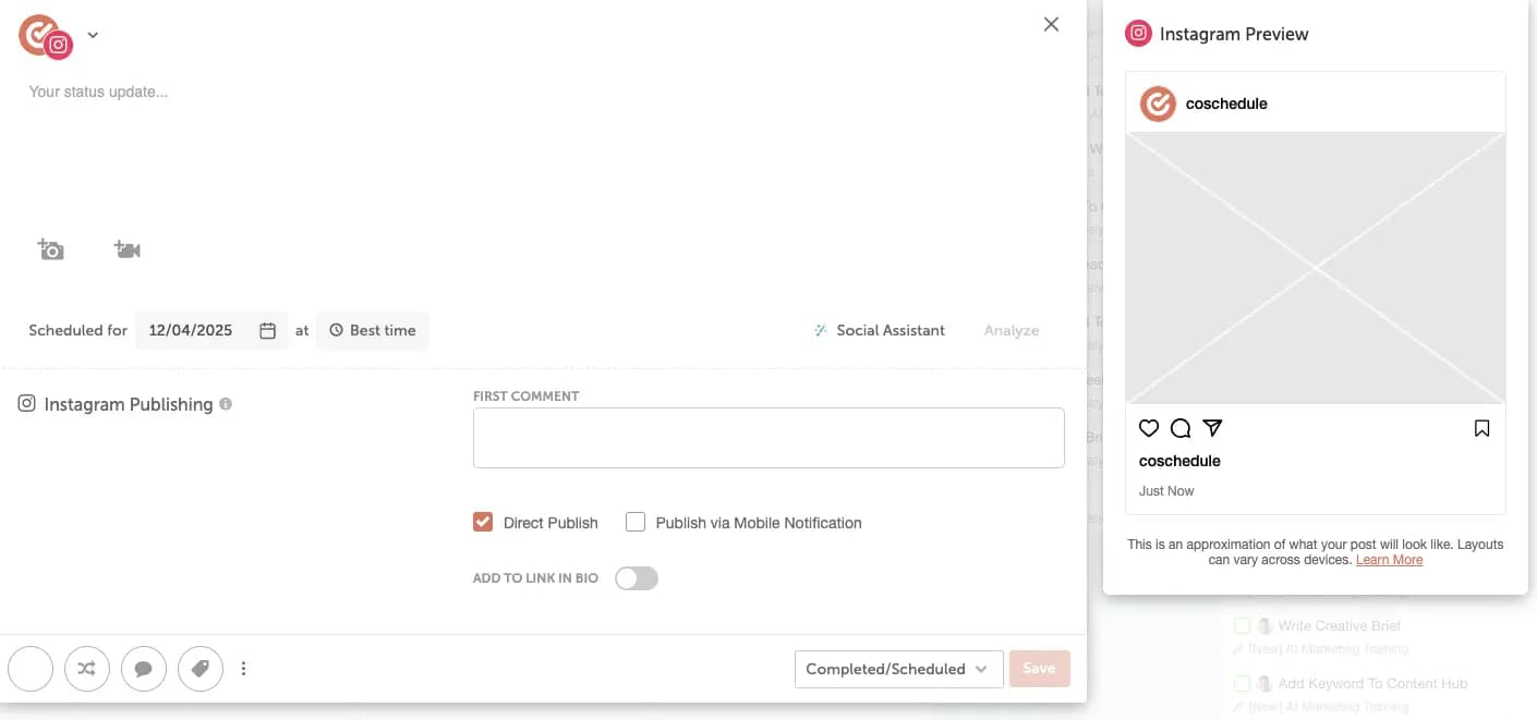 CoSchedule social post screen for Instagram.