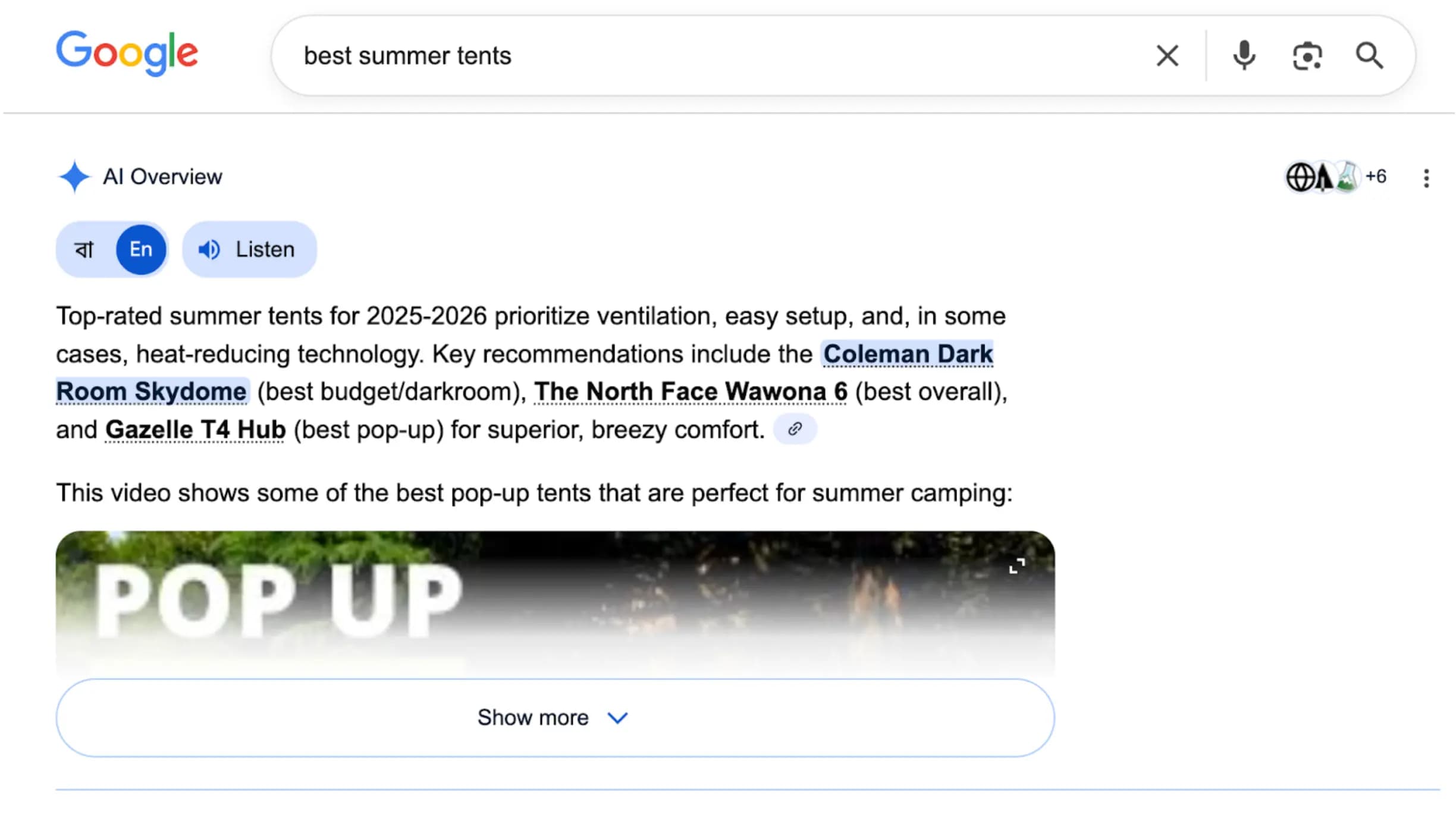 Searching google for "best summer tents" is understood as a search query for tents to buy for warm weather camping.