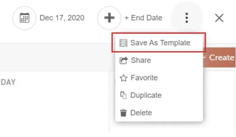 CoSchedule Calendar showing the Save As Template feature
