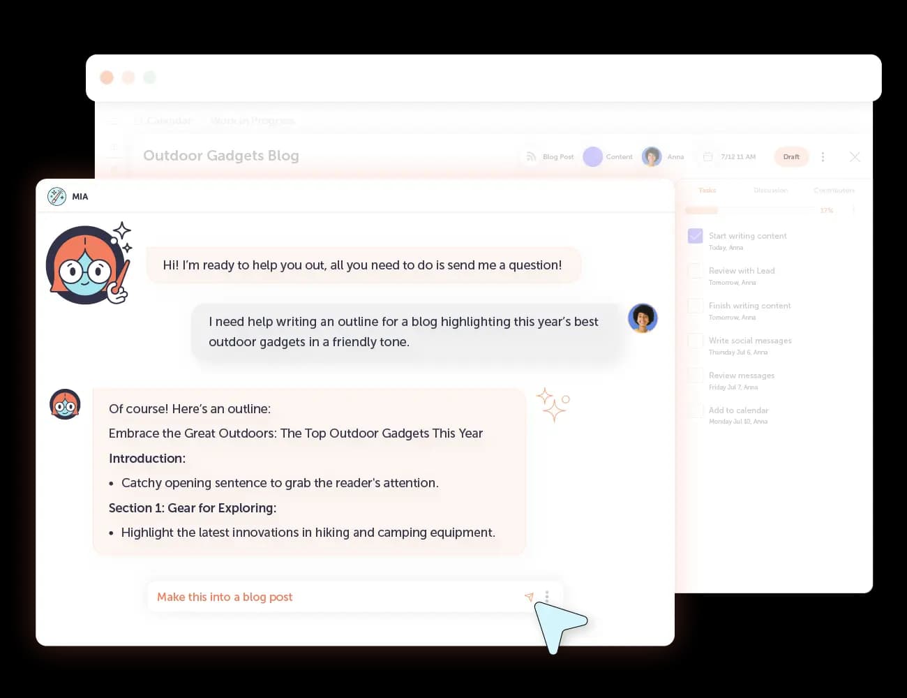 CoSchedule graphic of a Hire Mia chat on outdoor gadgets.