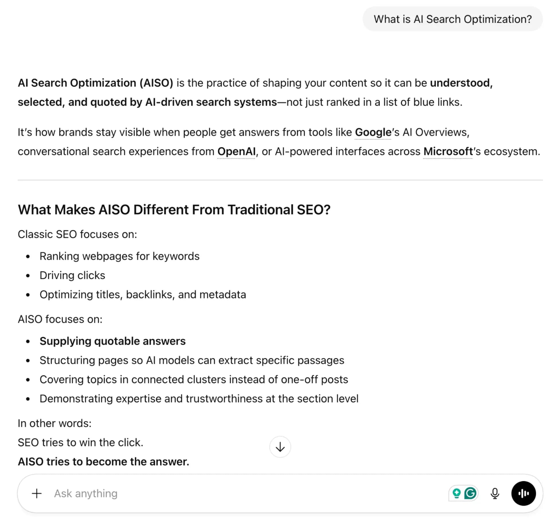 Asking AI to define what is AI search optimization