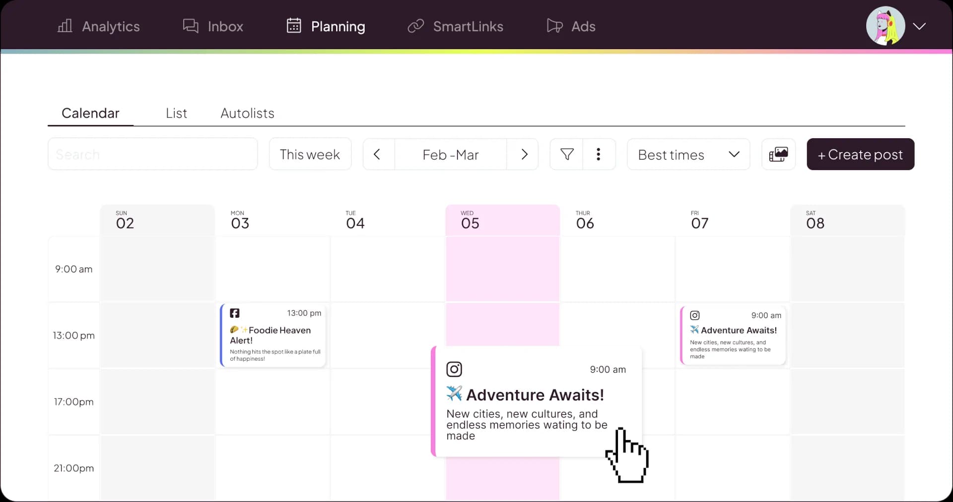 Metricool overview showing a basic and affordable social media management package