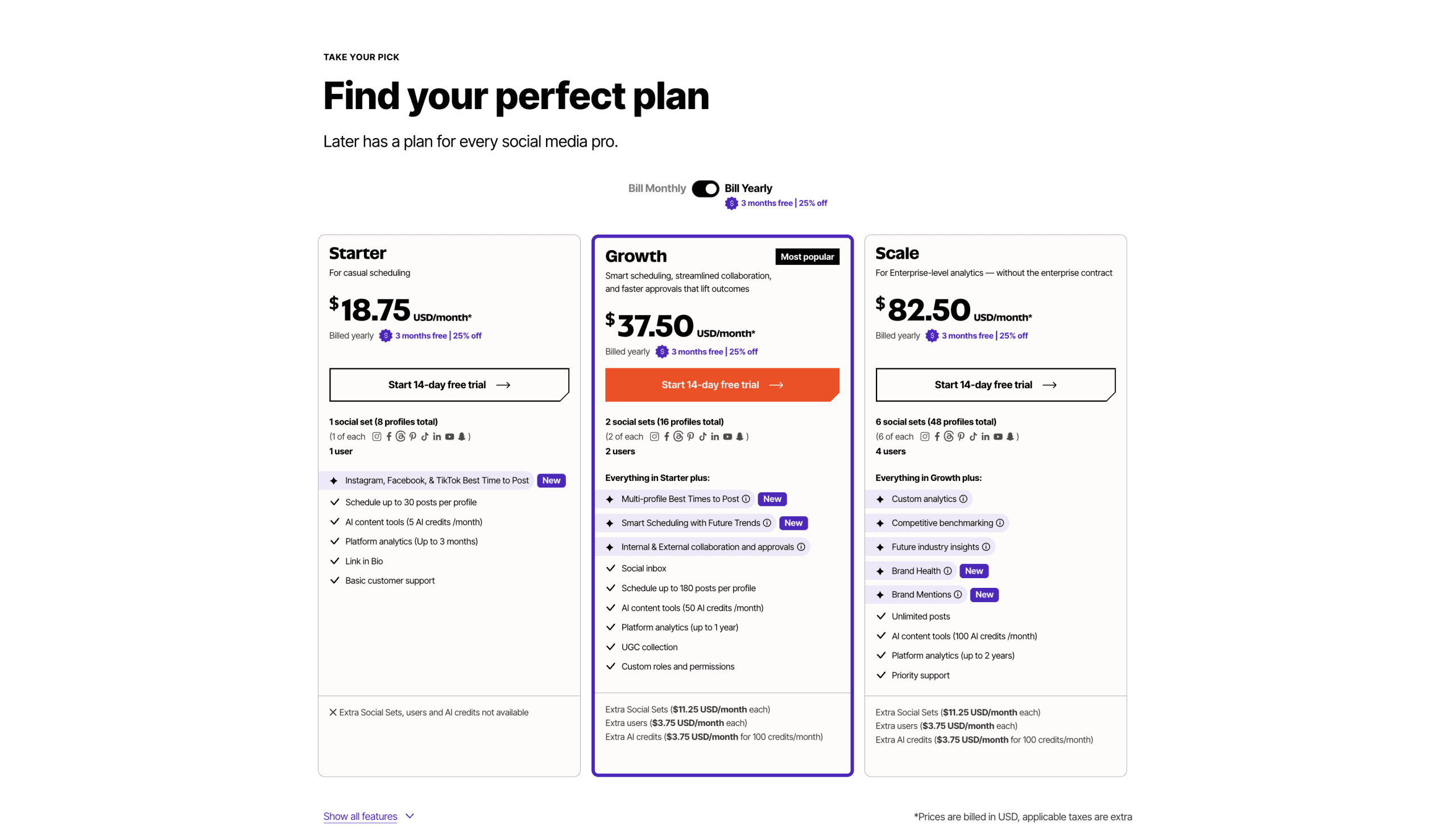 Picture of Later.com's pricing plan page.