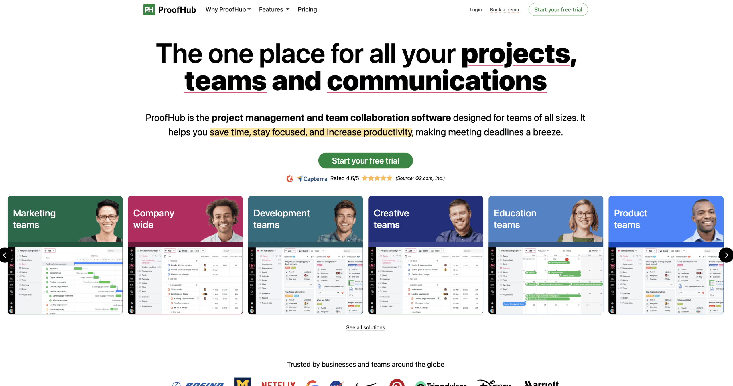 Screenshot of ProofHub homepage.