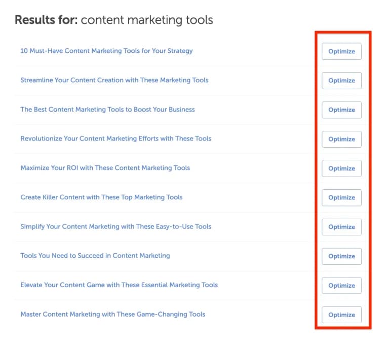 Optimize button next to a generated blog title.