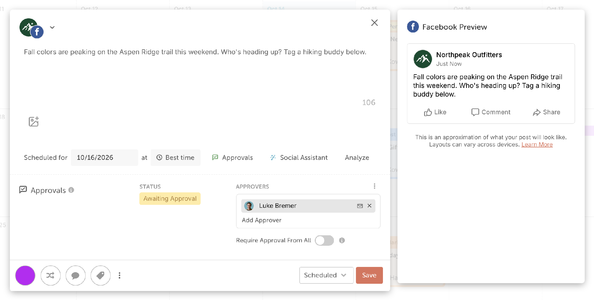 A CoSchedule social post awaiting approval, with an approver added
