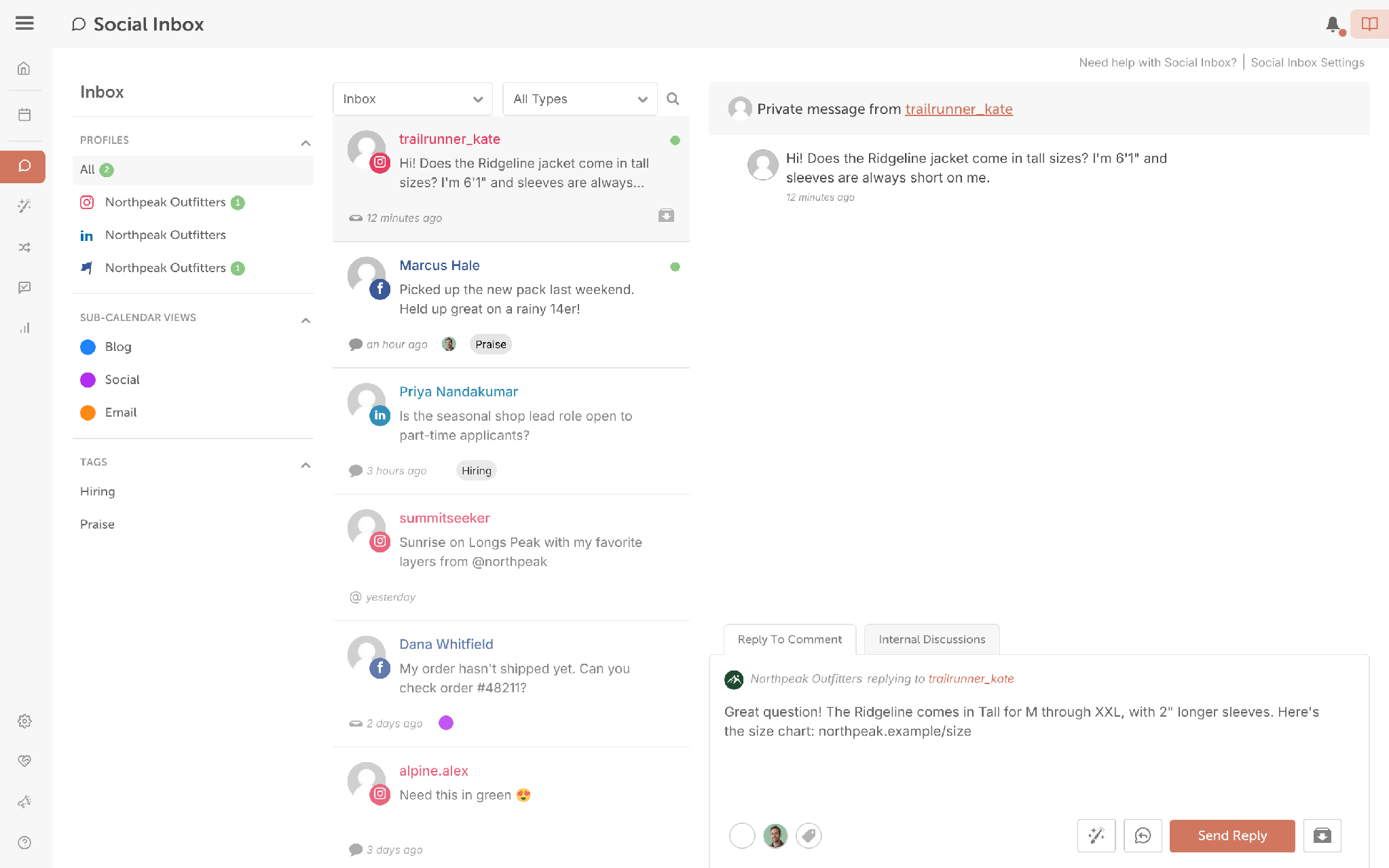 CoSchedule Social Inbox with an Instagram direct message and a reply