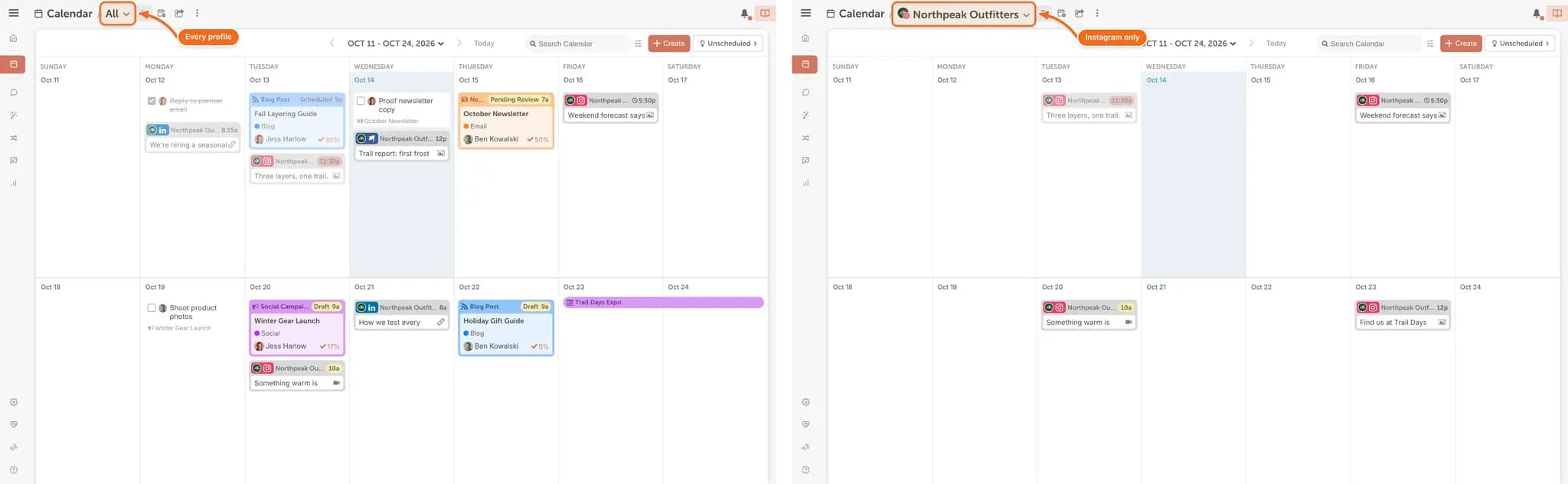 social profile calendars all view vs profile view
